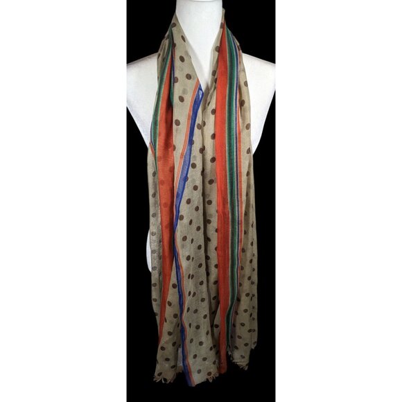 Vintage 70s Taupe Scarf With Brown Polka Dots And Rainbow Stripes - Picture 3 of 8